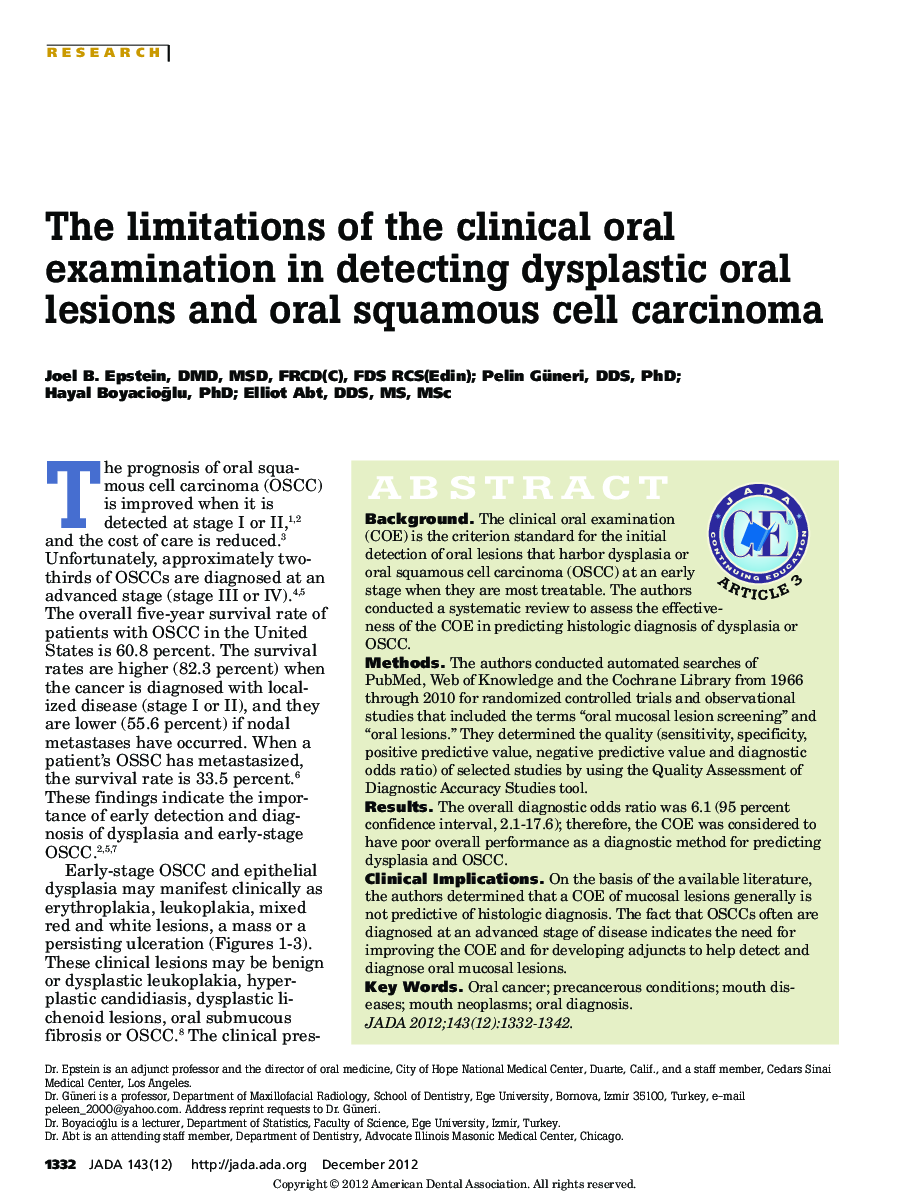 The limitations of the clinical oral examination in detecting dysplastic oral lesions and oral squamous cell carcinoma 
