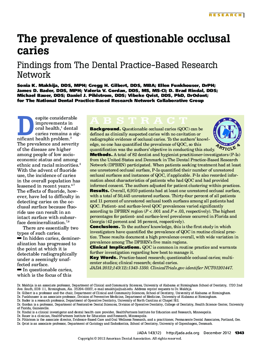 The prevalence of questionable occlusal caries : Findings from The Dental Practice-Based Research Network