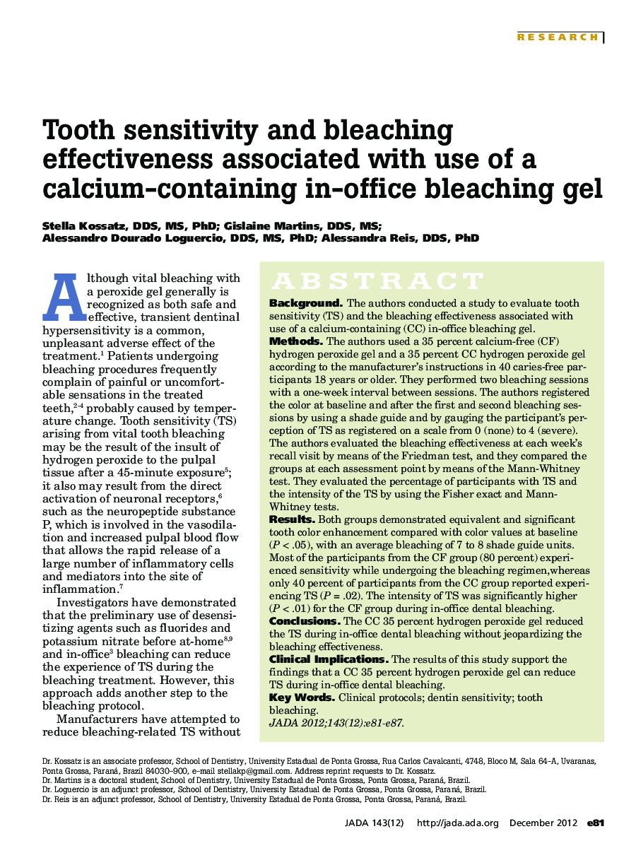 Tooth sensitivity and bleaching effectiveness associated with use of a calcium-containing in-office bleaching gel 