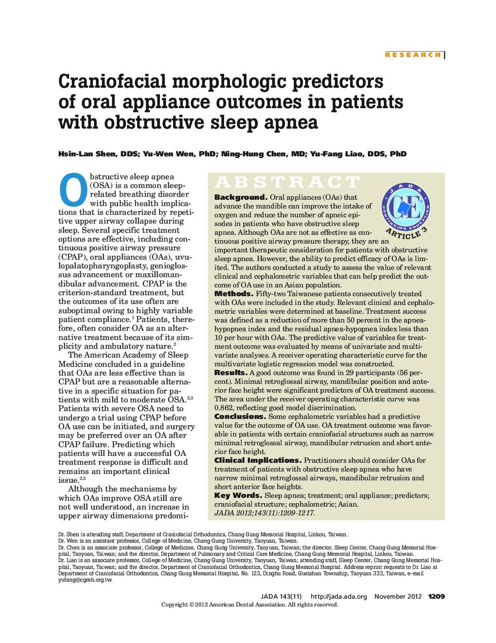Craniofacial morphologic predictors of oral appliance outcomes in patients with obstructive sleep apnea 