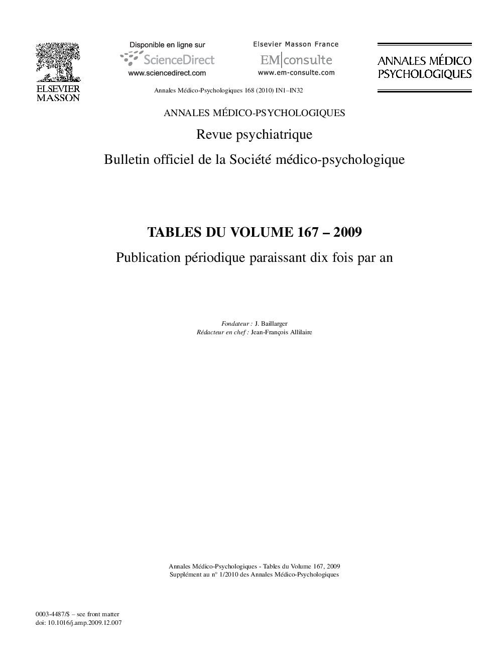 Tables du volume 167 - 2009