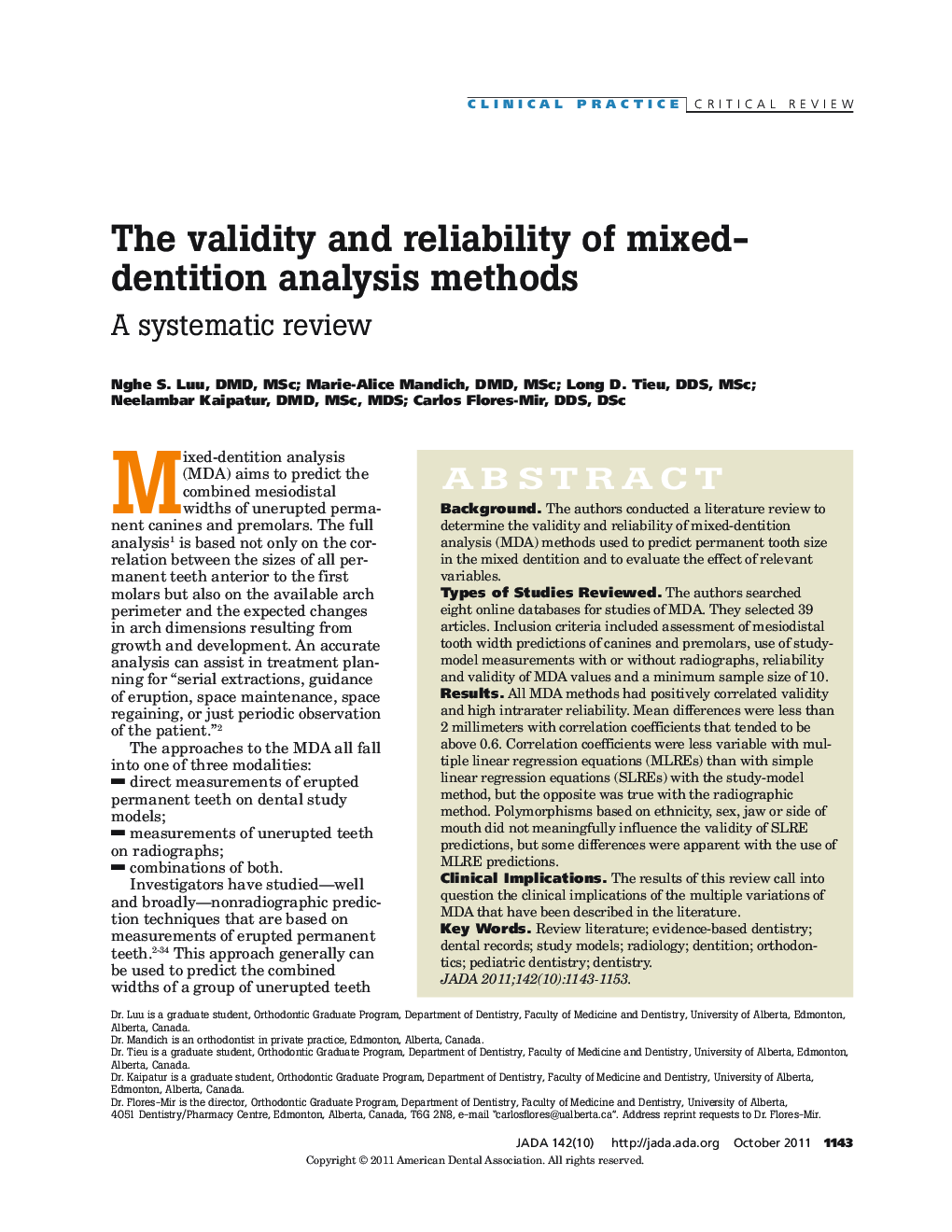 The validity and reliability of mixed-dentition analysis methods : A systematic review