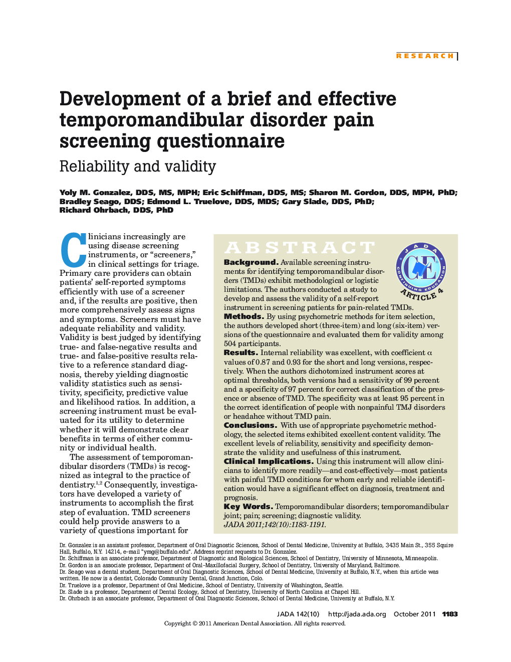 Development of a brief and effective temporomandibular disorder pain screening questionnaire