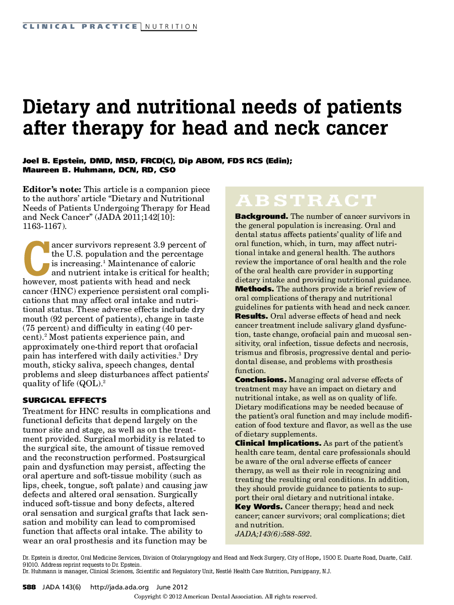 Dietary and nutritional needs of patients after therapy for head and neck cancer 