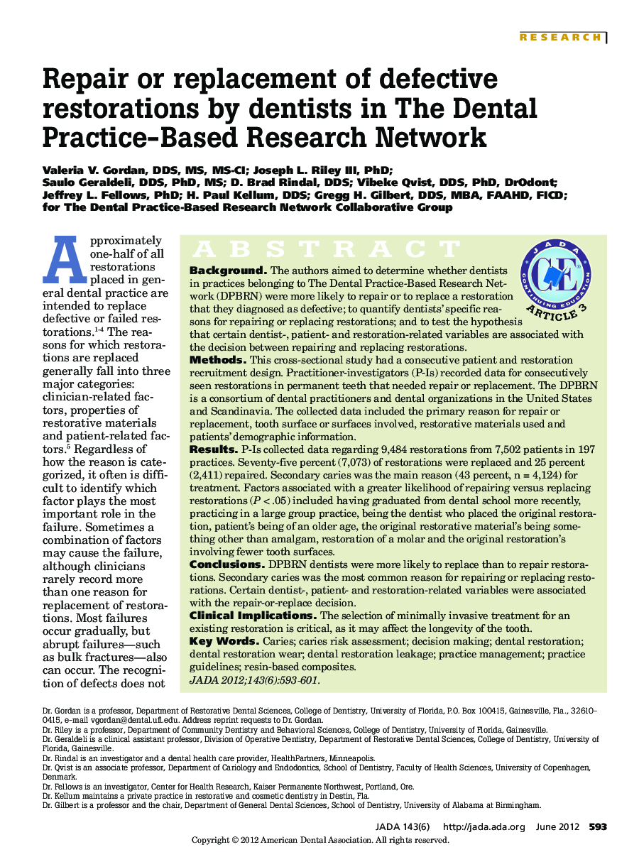 Repair or replacement of defective restorations by dentists in The Dental Practice-Based Research Network 