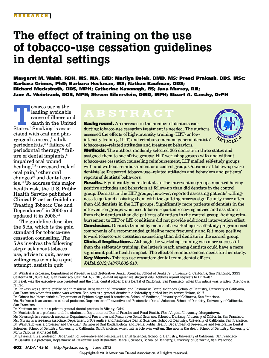 The effect of training on the use of tobacco-use cessation guidelines in dental settings 