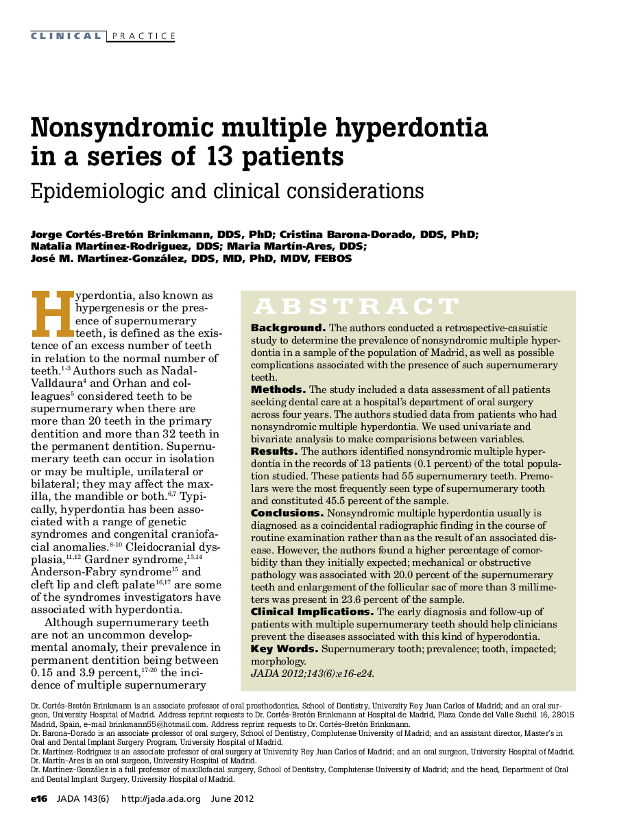 Nonsyndromic multiple hyperdontia in a series of 13 patients : Epidemiologic and clinical considerations