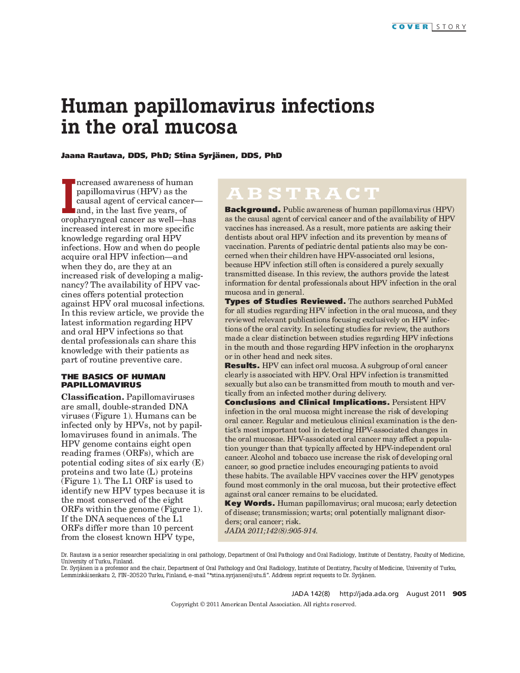 Human papillomavirus infections in the oral mucosa