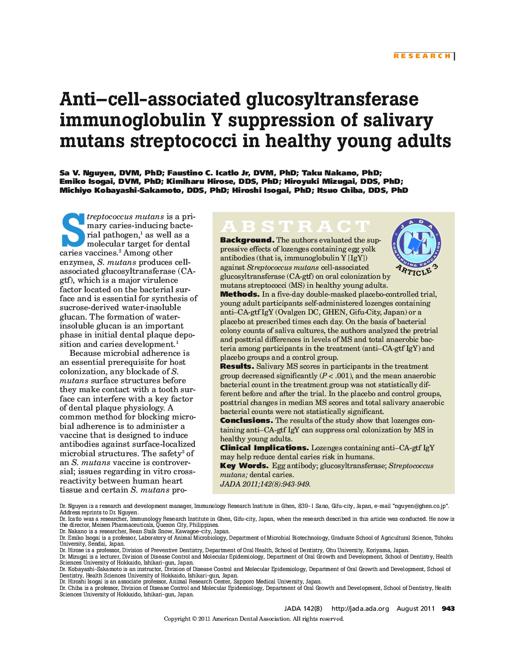 Anti-cell-associated glucosyltransferase immunoglobulin Y suppression of salivary mutans streptococci in healthy young adults
