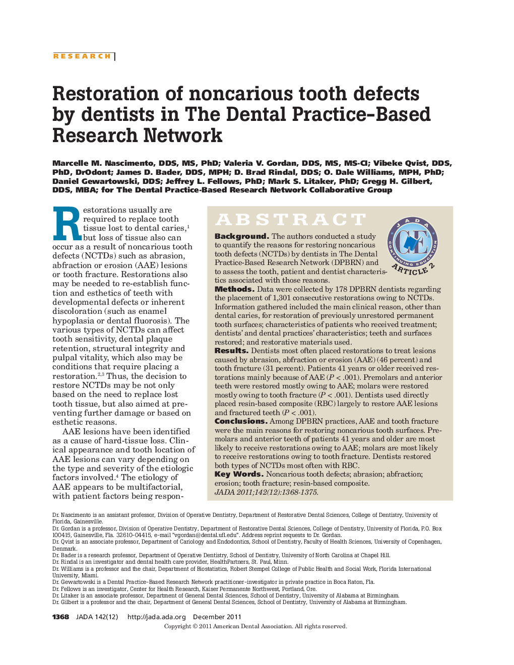 Restoration of noncarious tooth defects by dentists in The Dental Practice-Based Research Network 