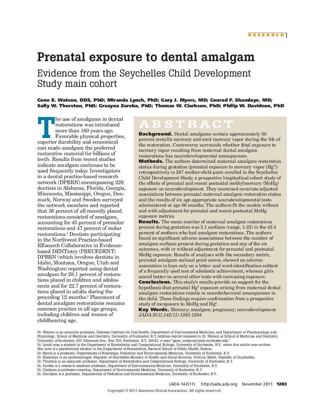 Prenatal exposure to dental amalgam