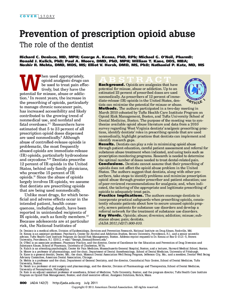 Prevention of prescription opioid abuse : The role of the dentist