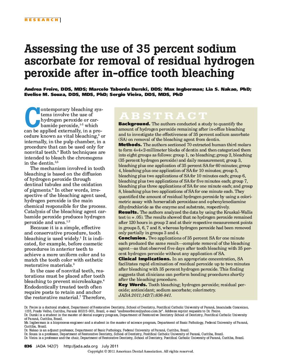 Assessing the use of 35 percent sodium ascorbate for removal of residual hydrogen peroxide after in-office tooth bleaching