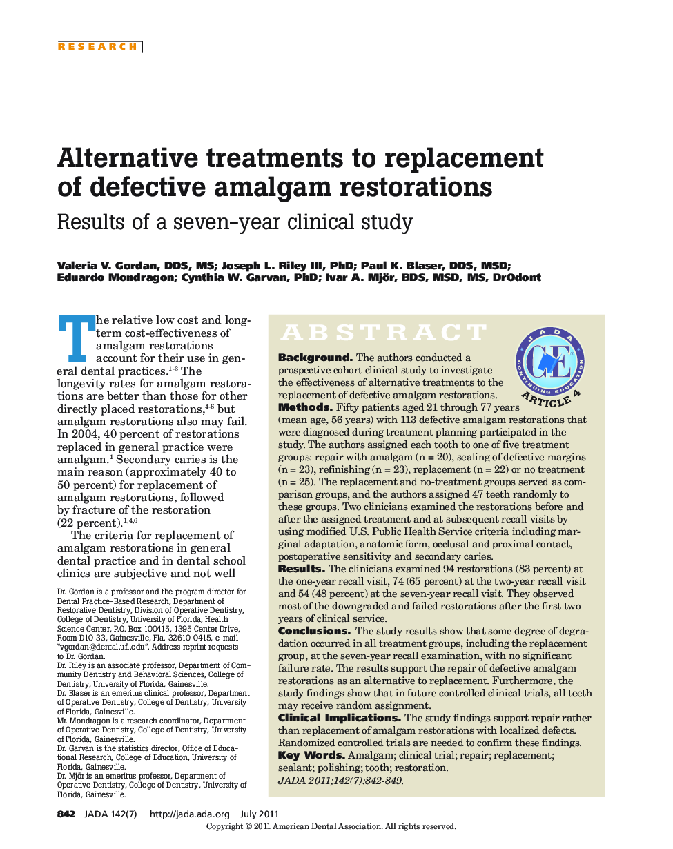 Alternative treatments to replacement of defective amalgam restorations : Results of a seven-year clinical study