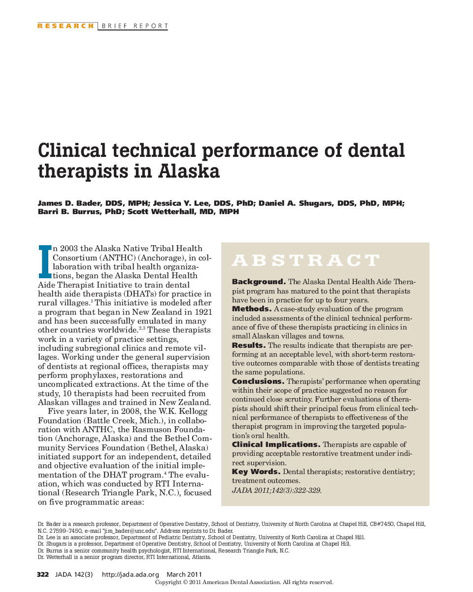 Clinical technical performance of dental therapists in Alaska 