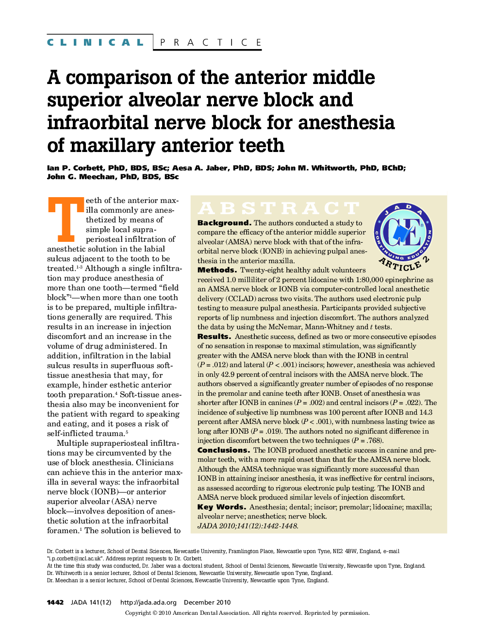 A Comparison of the Anterior Middle Superior Alveolar Nerve Block and Infraorbital Nerve Block for Anesthesia of Maxillary Anterior Teeth