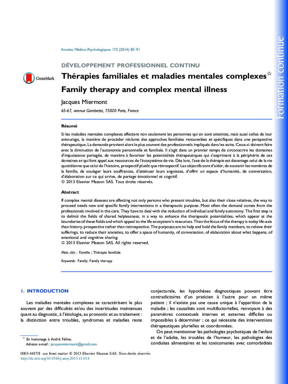 Thérapies familiales et maladies mentales complexes 