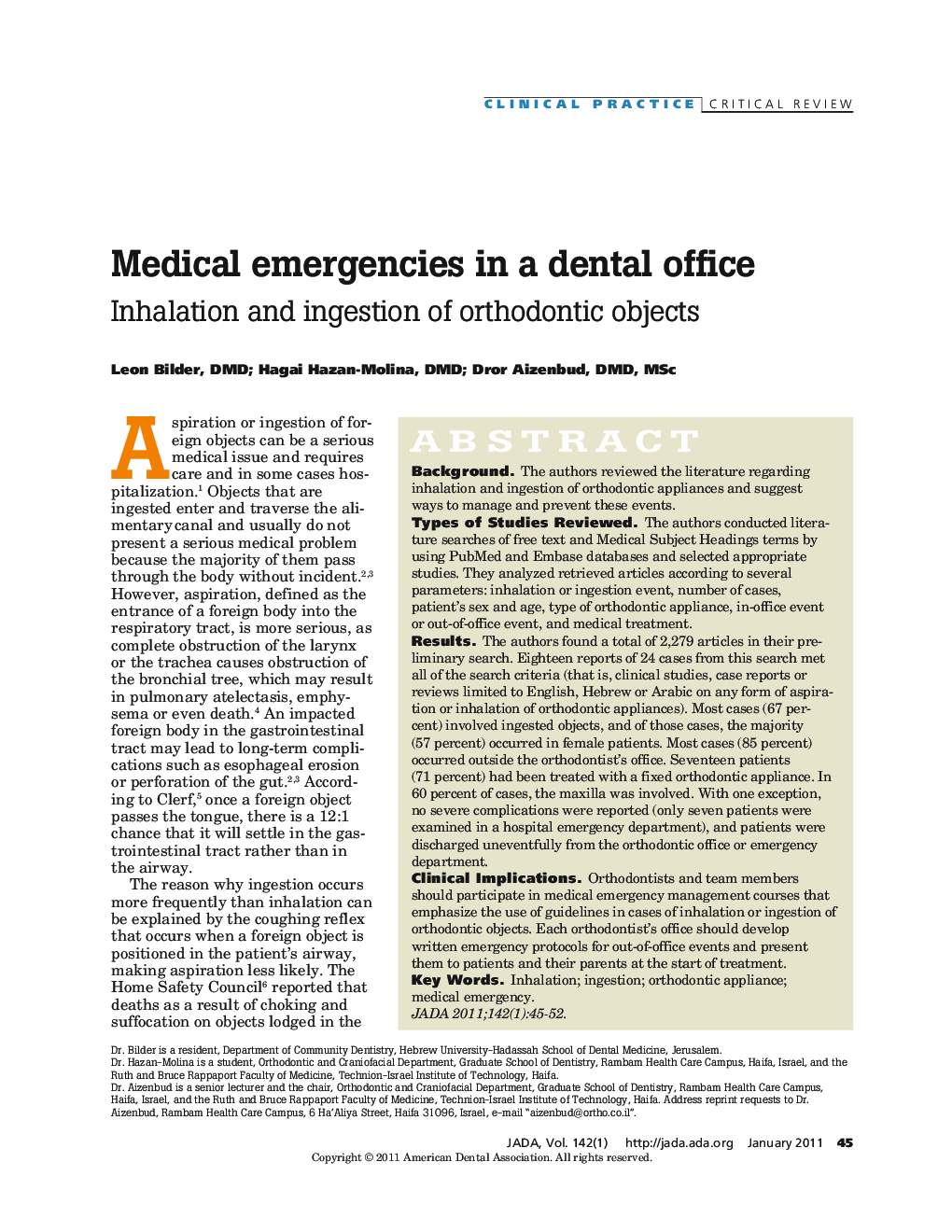 Medical Emergencies in a Dental Office : Inhalation and Ingestion of Orthodontic Objects