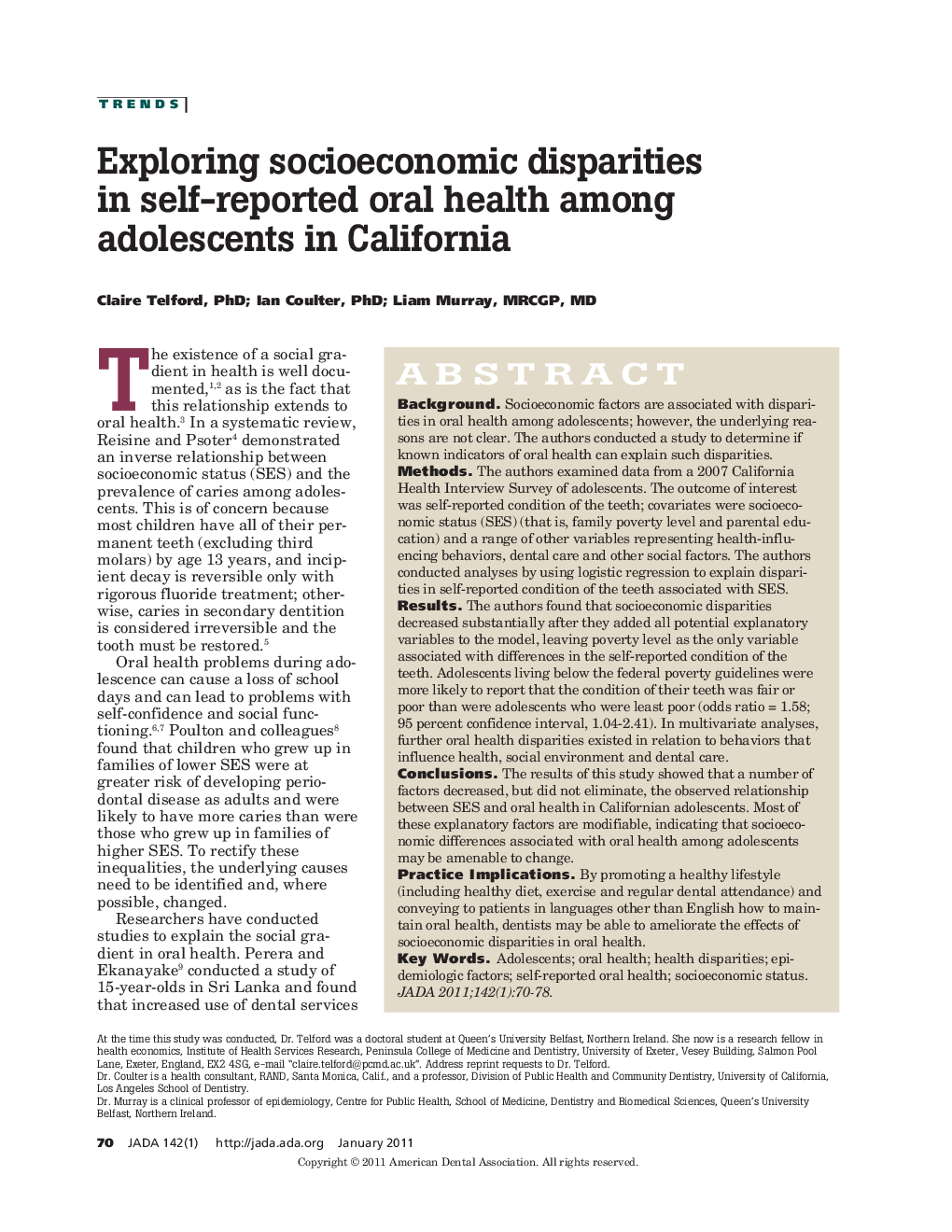 Exploring Socioeconomic Disparities in Self-Reported Oral Health Among Adolescents in California 