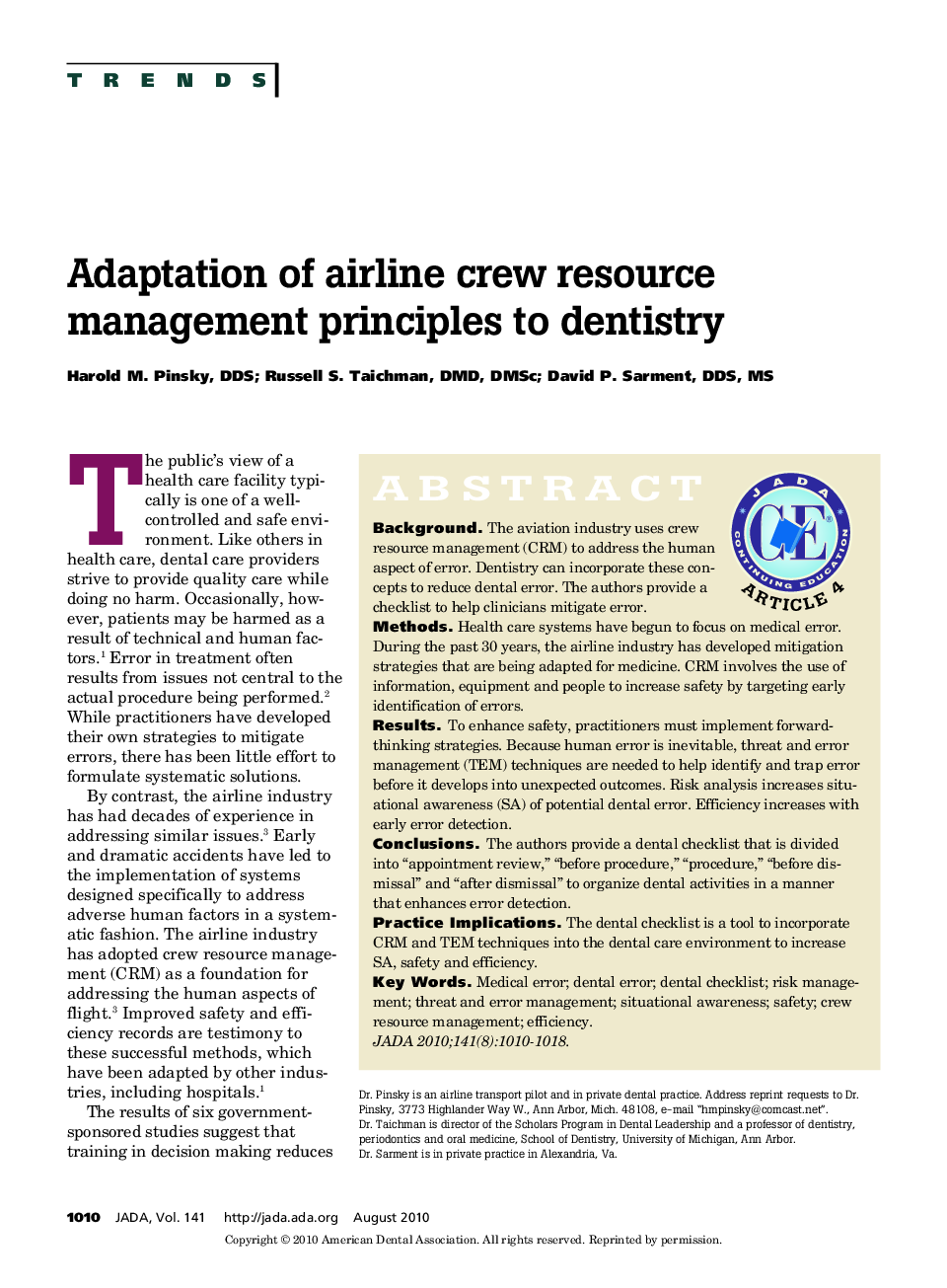 Adaptation of Airline Crew Resource Management Principles to Dentistry 