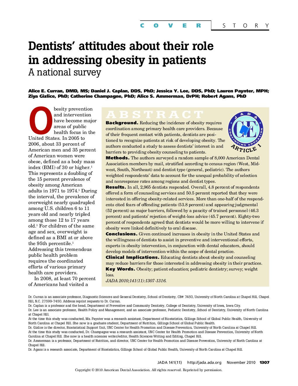 Dentists' Attitudes About Their Role in Addressing Obesity in Patients : A national survey