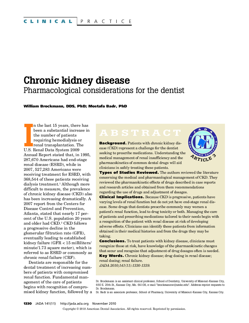 Chronic Kidney Disease : Pharmacological considerations for the dentist