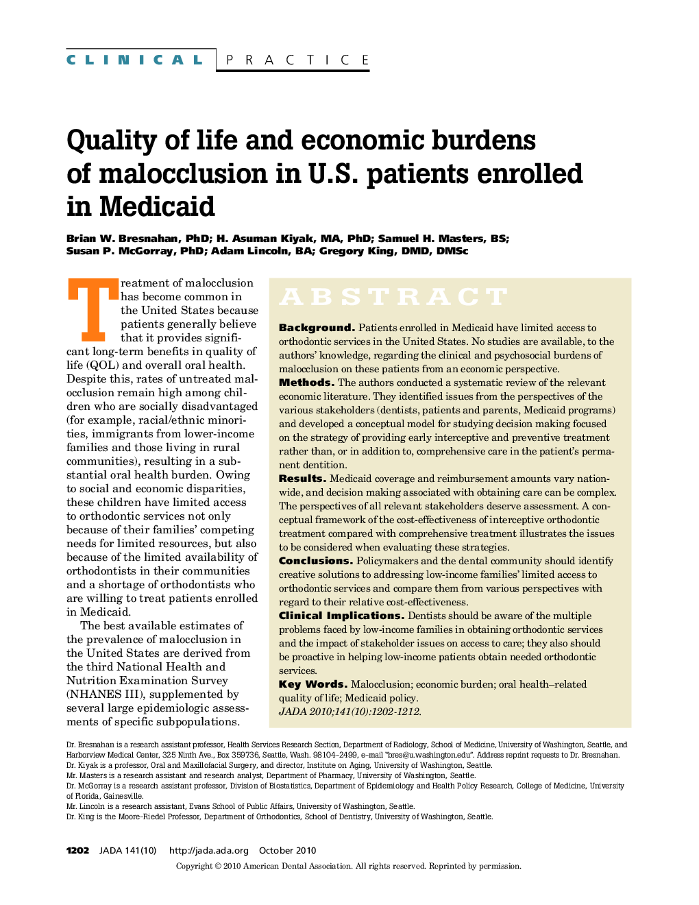 Quality of Life and Economic Burdens of Malocclusion in U.S. Patients Enrolled in Medicaid