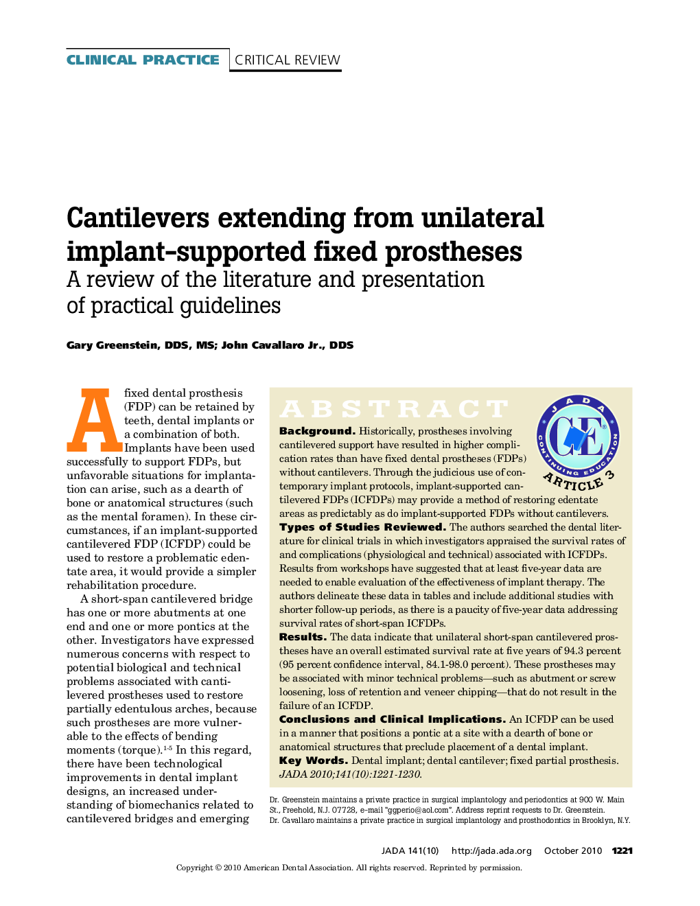 Cantilevers Extending From Unilateral Implant-Supported Fixed Prostheses 