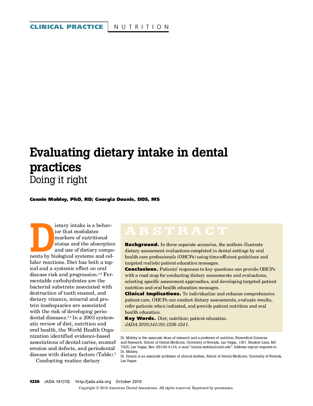 Evaluating Dietary Intake in Dental Practices 