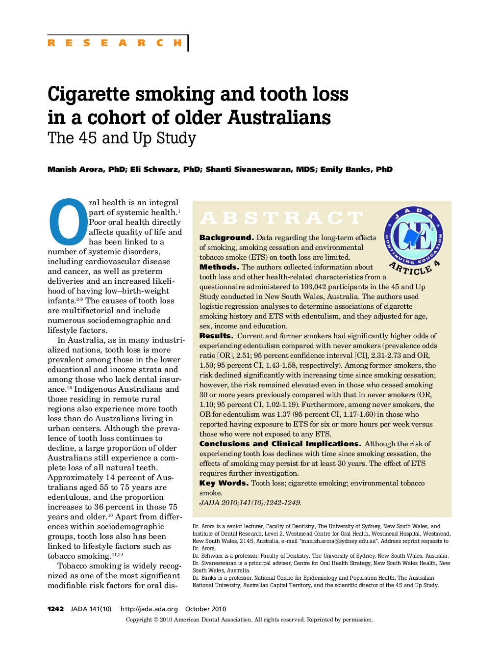 Cigarette Smoking and Tooth Loss in a Cohort of Older Australians