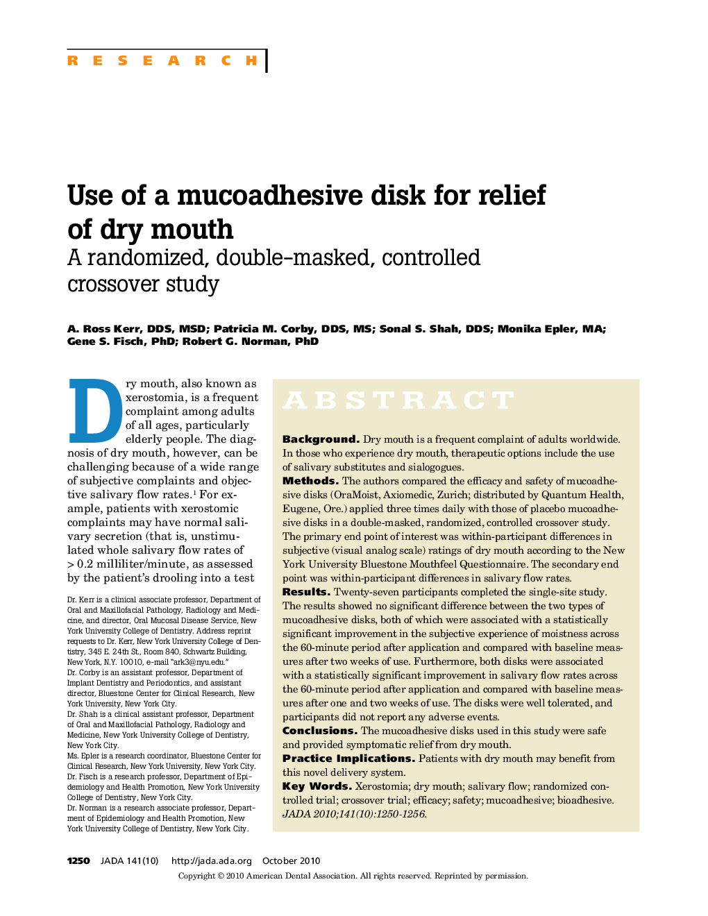 Use of a Mucoadhesive Disk for Relief of Dry Mouth