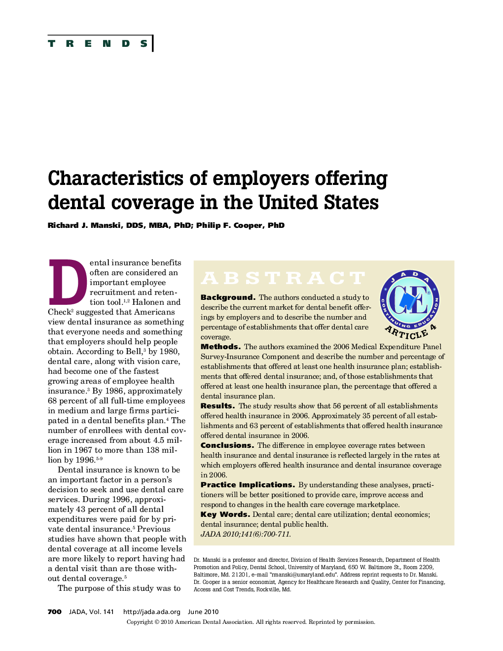 Characteristics of Employers Offering Dental Coverage in the United States 