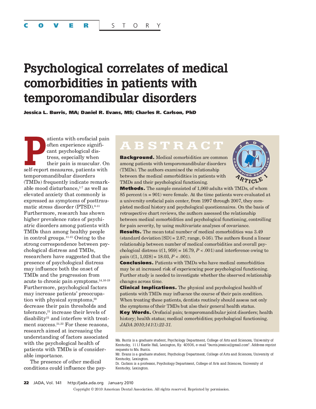Psychological correlates of medical comorbidities in patients with temporomandibular disorders 