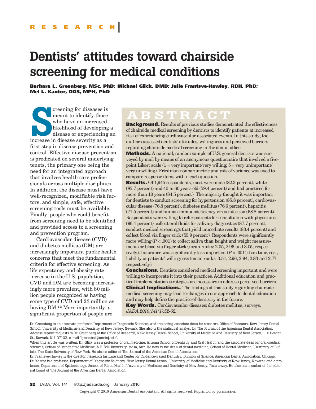 Dentists' attitudes toward chairside screening for medical conditions 