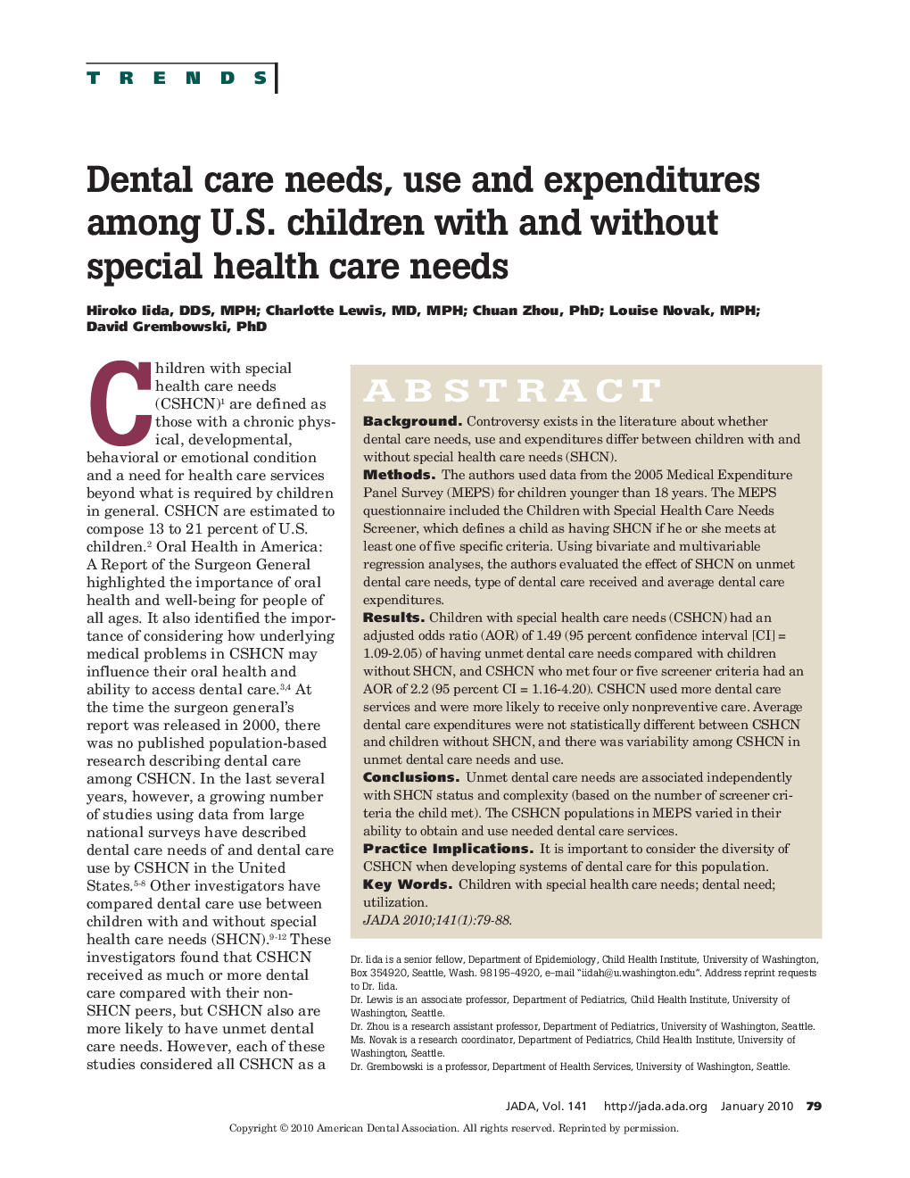 Dental care needs, use and expenditures among U.S. children with and without special health care needs 