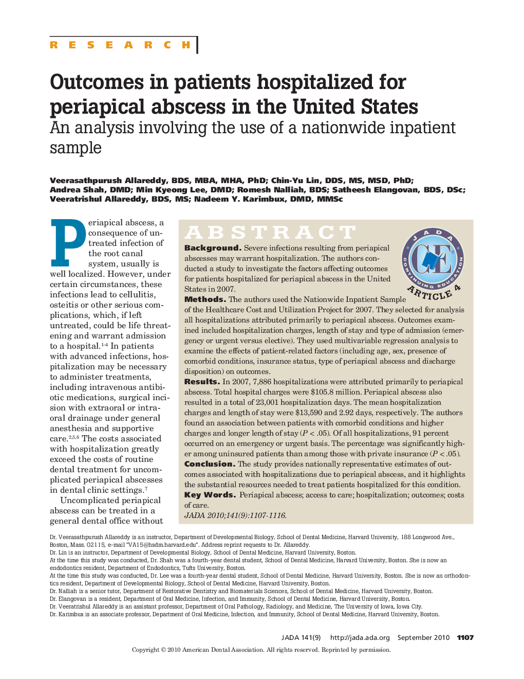 Outcomes in Patients Hospitalized for Periapical Abscess in the United States 