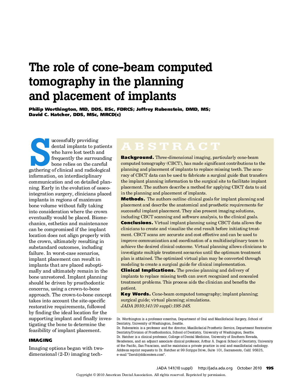 The Role of Cone-Beam Computed Tomography in the Planning and Placement of Implants 