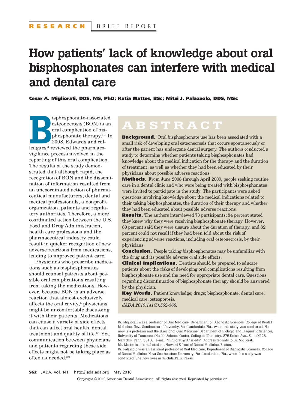 How Patients' Lack of Knowledge About Oral Bisphosphonates Can Interfere With Medical and Dental Care