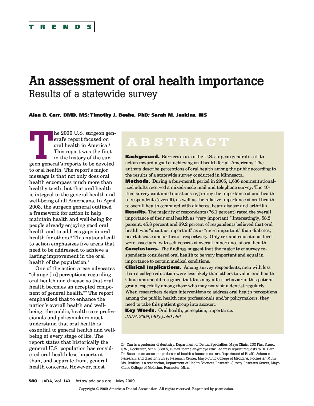 An Assessment of Oral Health Importance : Results of a Statewide Survey