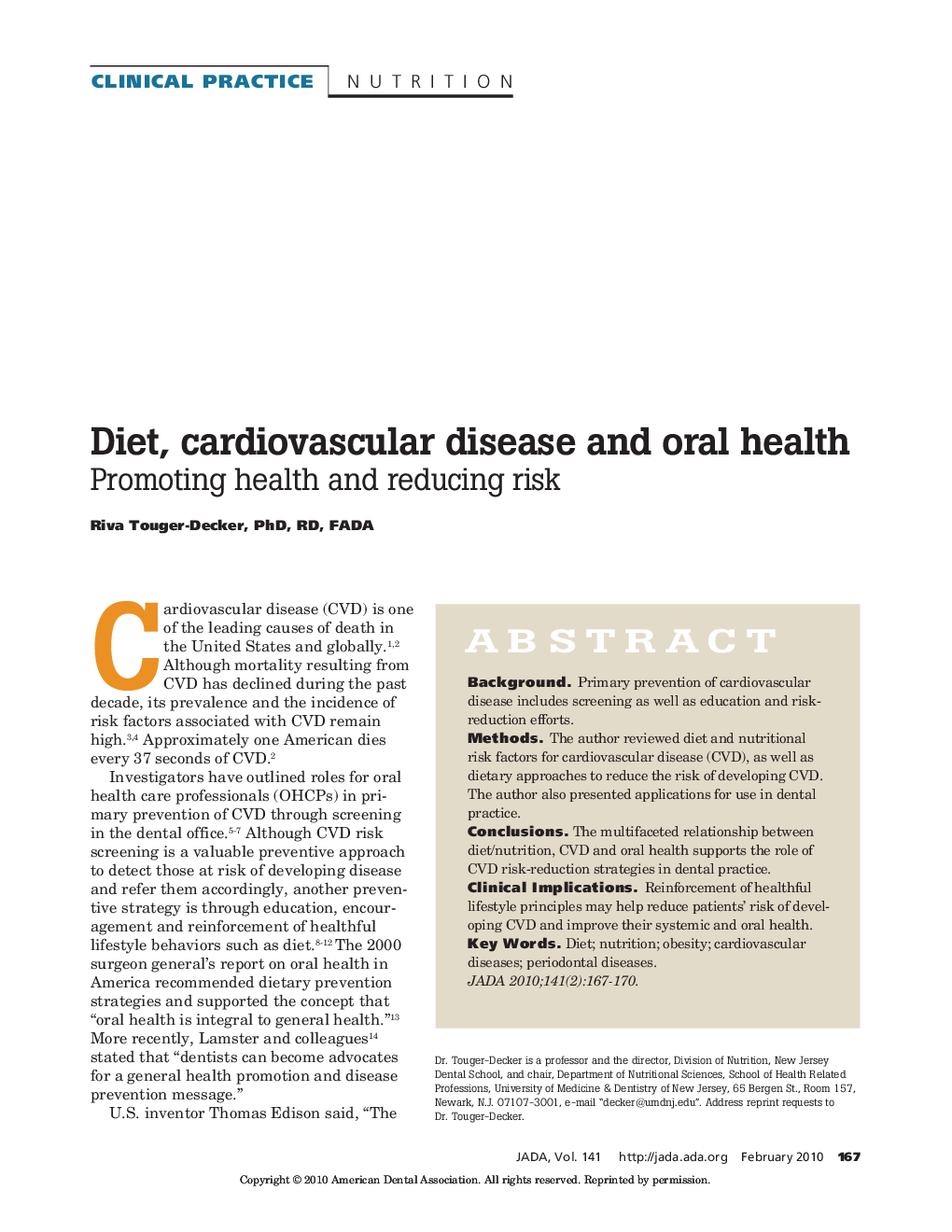 Diet, cardiovascular disease and oral health : Promoting health and reducing risk
