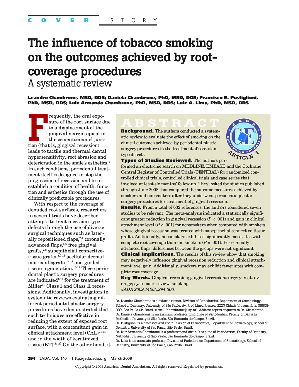 The Influence of Tobacco Smoking on the Outcomes Achieved by Root-Coverage Procedures : A Systematic Review