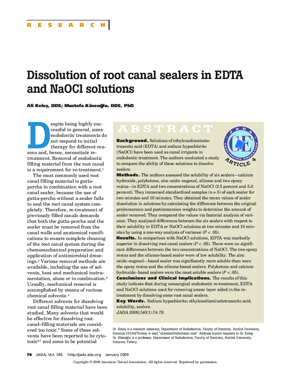 Dissolution of root canal sealers in EDTA and NaOCl solutions