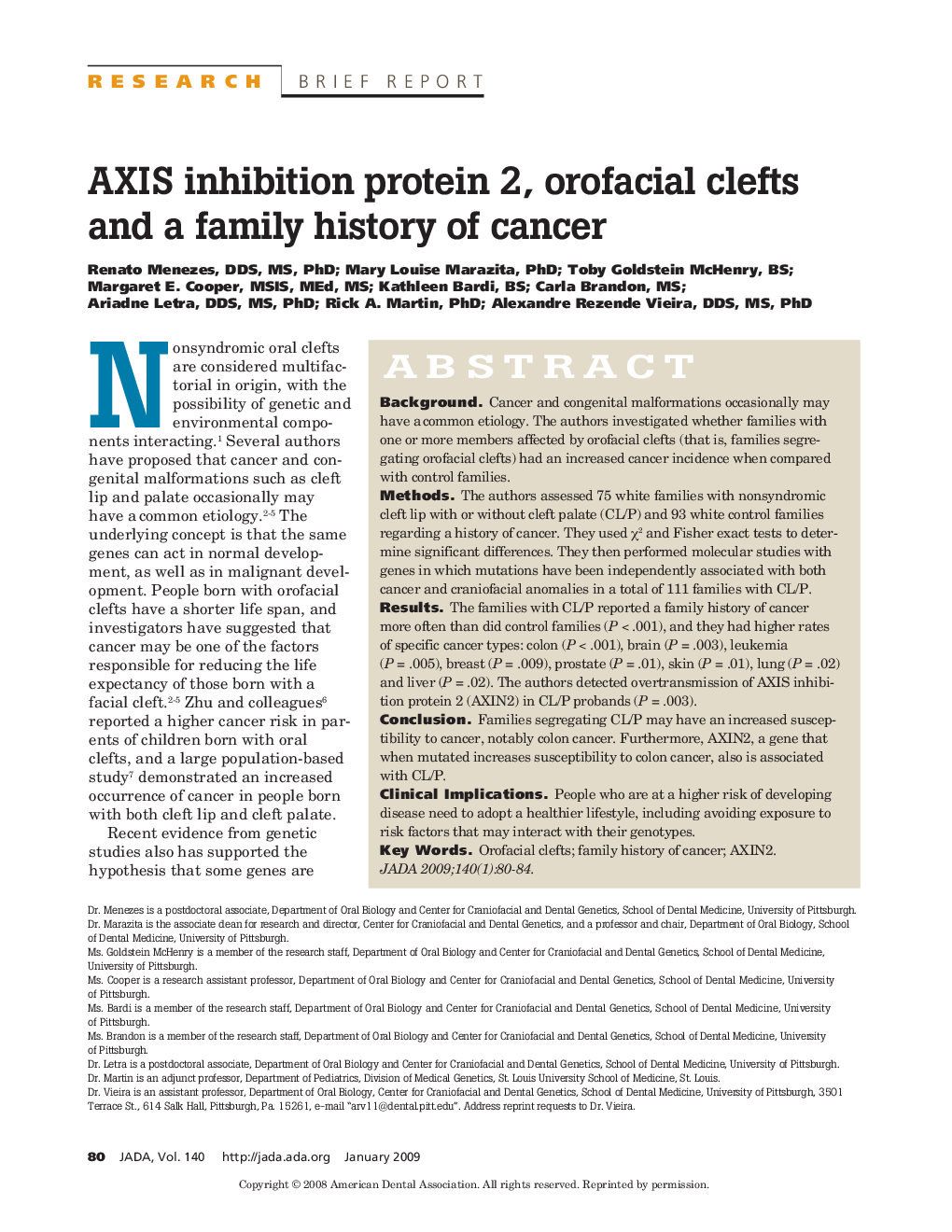 AXIS inhibition protein 2, orofacial clefts and a family history of cancer 
