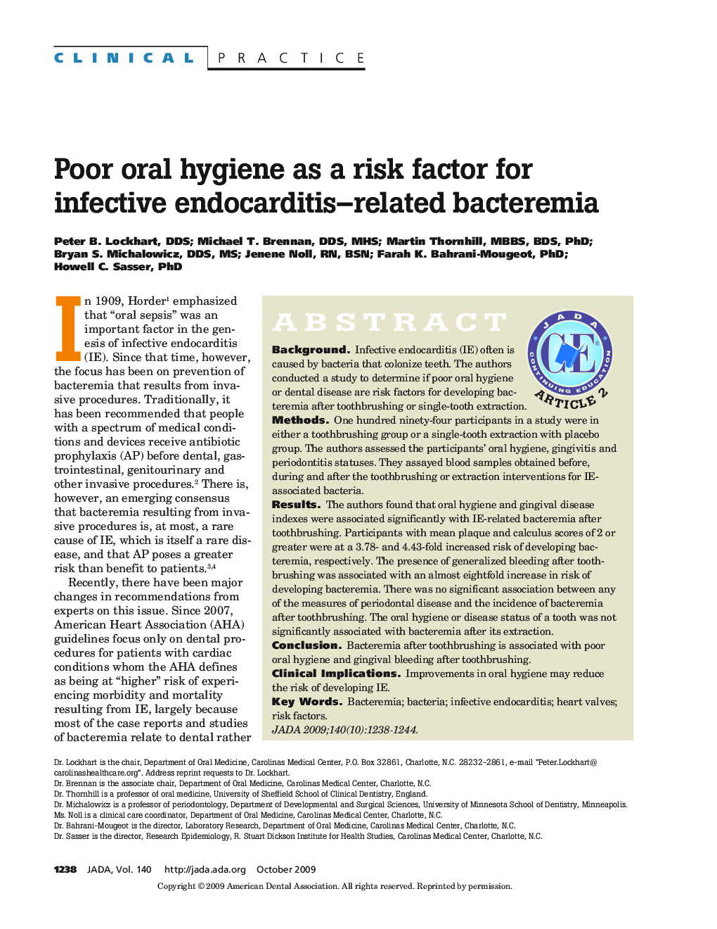 Poor oral hygiene as a risk factor for infective endocarditis–related bacteremia 