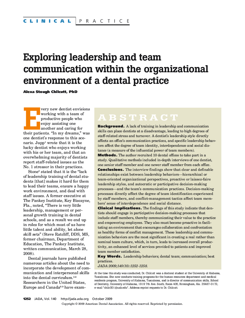Exploring Leadership and Team Communication Within the Organizational Environment of a Dental Practice 