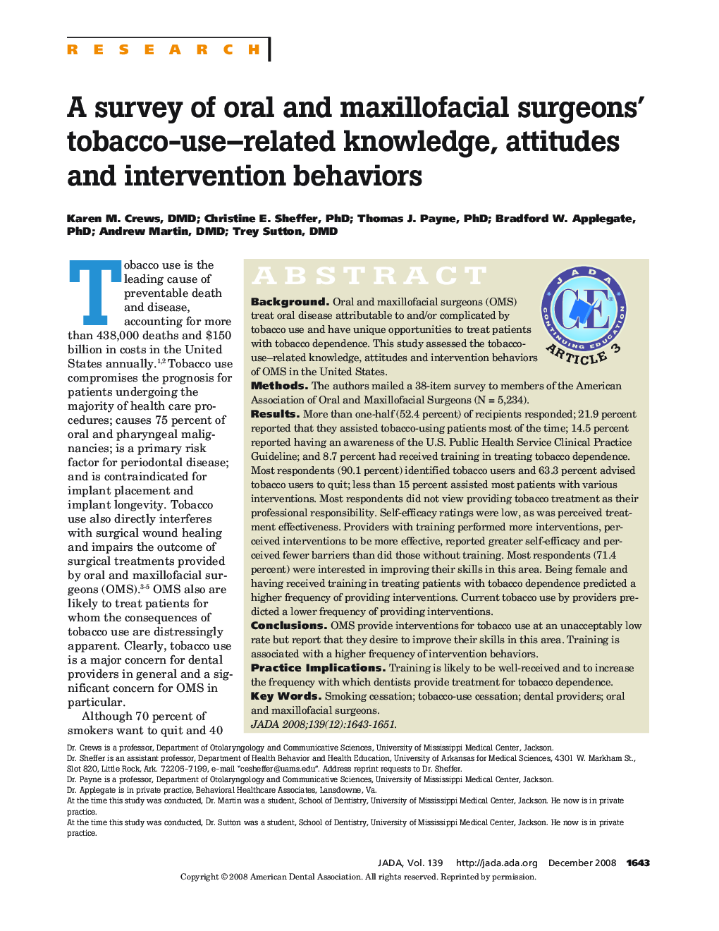 A survey of oral and maxillofacial surgeons' tobacco-use–related knowledge, attitudes and intervention behaviors 