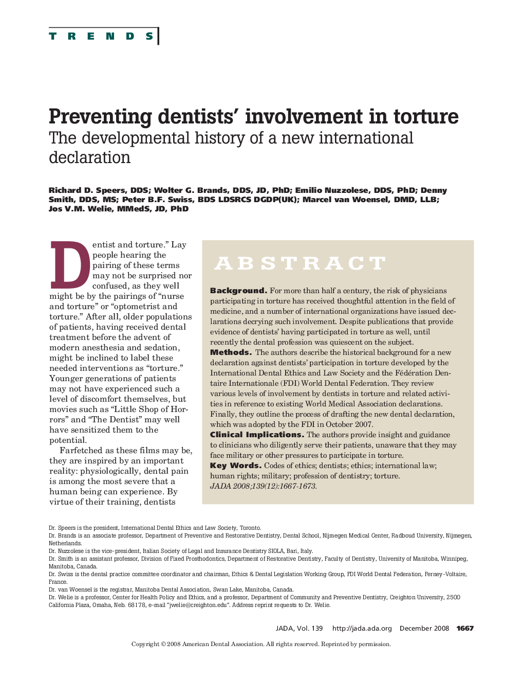 Preventing dentists' involvement in torture
