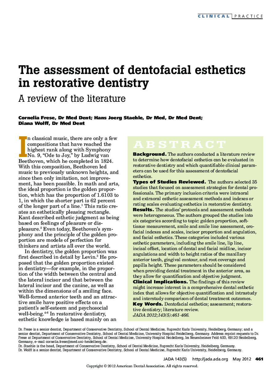 The assessment of dentofacial esthetics in restorative dentistry