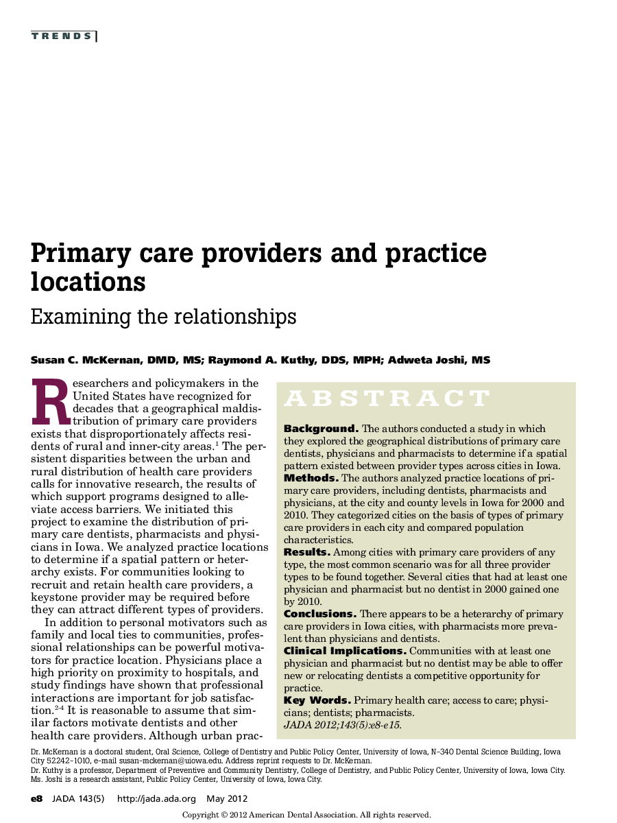 Primary care providers and practice locations : Examining the relationships