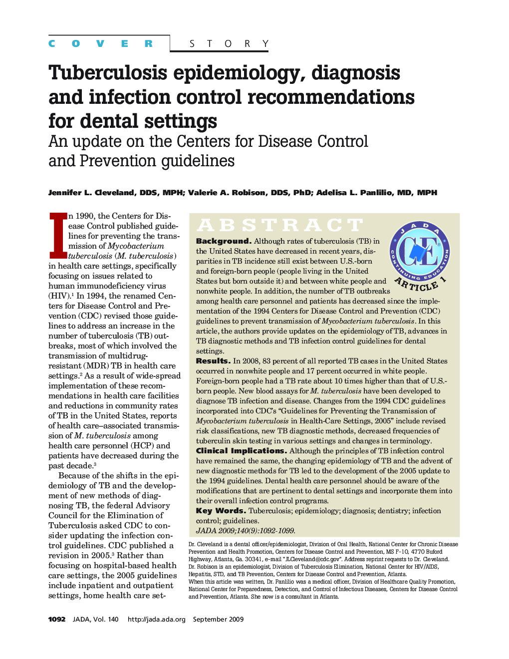Tuberculosis Epidemiology, Diagnosis and Infection Control Recommendations for Dental Settings : An Update on the Centers for Disease Control and Prevention Guidelines